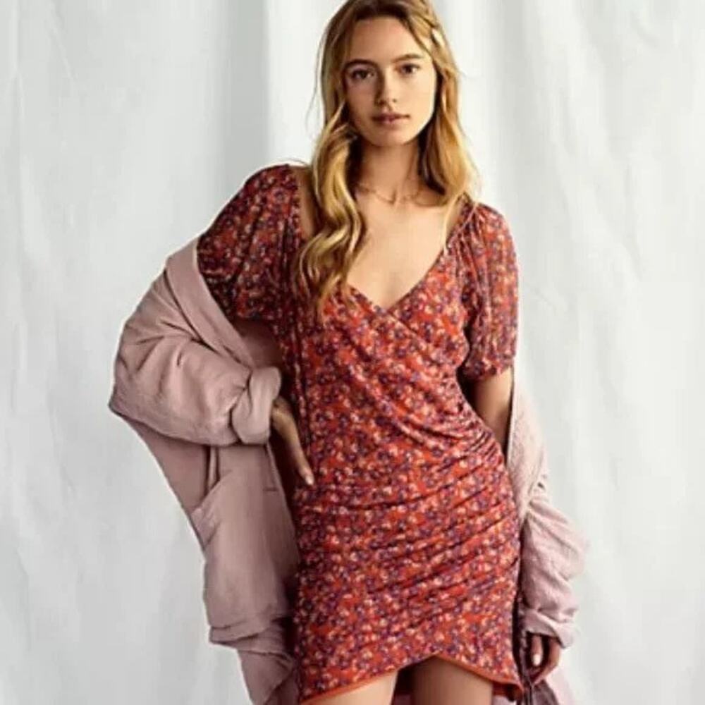 Free People Ruby Ruched Mini Dress Size L Ditsy Floral Sheer Puff Sleeves Summer